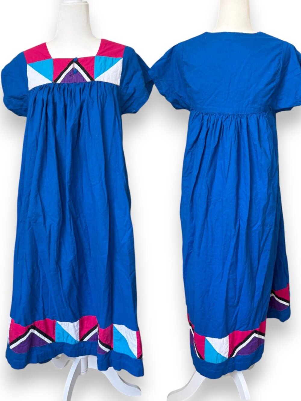 Vintage 1970s Cotton Colorblock Midi Dress With Pockets Medium Blue Pink Purple